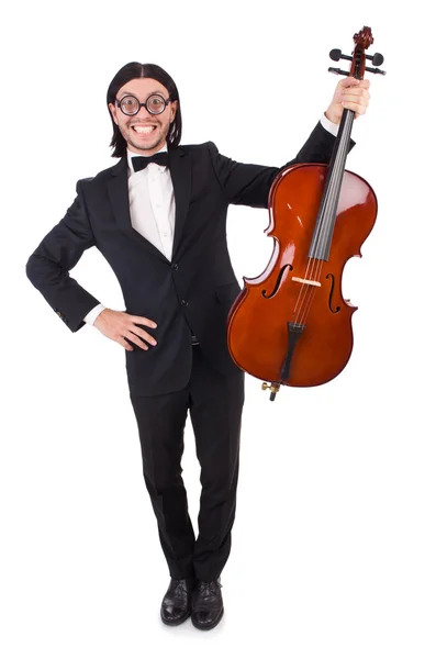 Homme drôle avec instrument de musique sur blanc — Photo