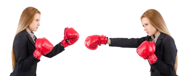 Mujer mujer de negocios con guantes de boxeo en blanco —  Fotos de Stock