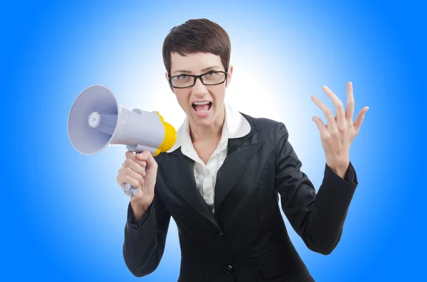 Young business lady screaming to loudspeaker — Stock Photo, Image