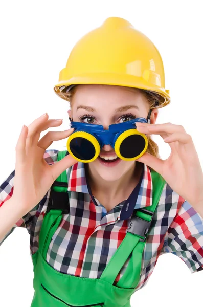 Female handyman in overalls isolated on white — Stock Photo, Image