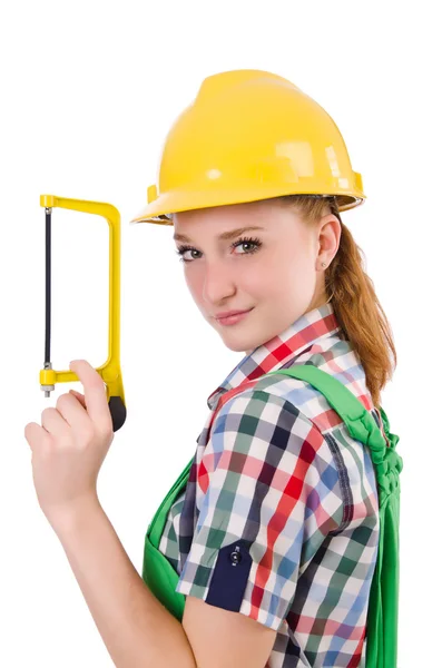 Female handyman in overalls isolated on white — Stock Photo, Image