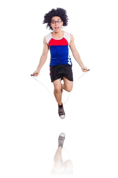 Guy jumps with skipping rope isolated on white — Stock Photo, Image