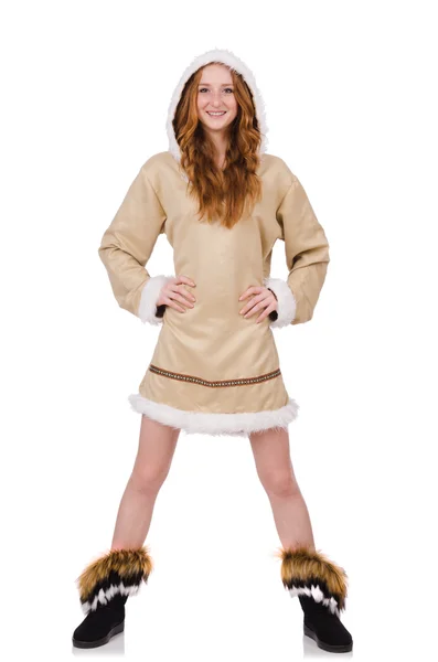 Eskimo meisje dragen van kleding van alle bont geïsoleerd op wit — Stockfoto