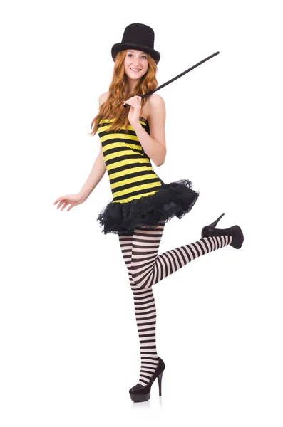 A girl in black and yellow striped dress isolated on white — Stock Photo, Image