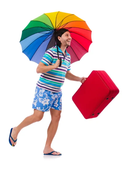 Viajante com caixa vermelha e guarda-chuva isolado em branco — Fotografia de Stock
