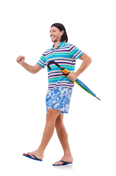 Позитивный человек с разноцветным зонтиком, изолированным на белом — стоковое фото