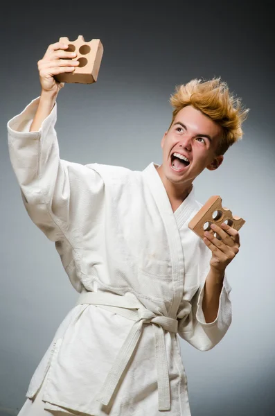 Engraçado karatê lutador com tijolo de barro — Fotografia de Stock