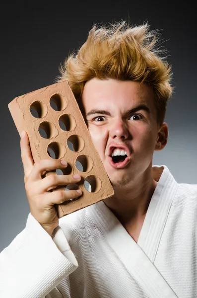 Lustige Karate-Kämpferin mit Lehmziegel — Stockfoto