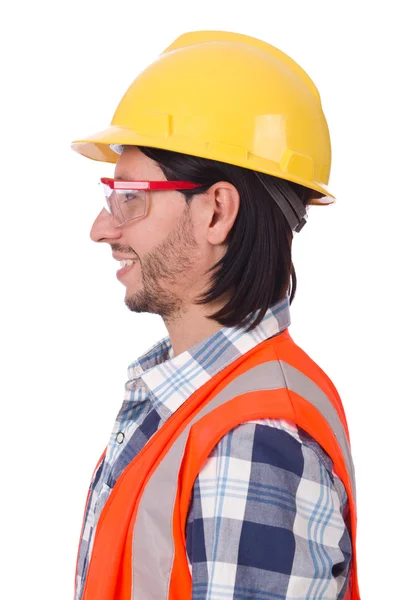 Joven trabajador de la construcción en casco aislado en blanco — Foto de Stock