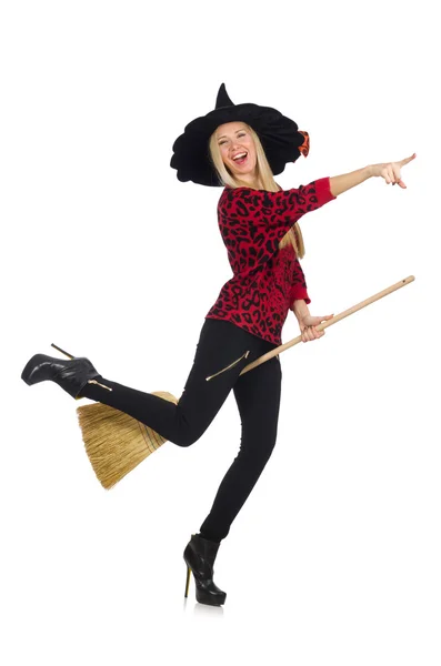Funny witch with broom isolated on white — Stock Photo, Image