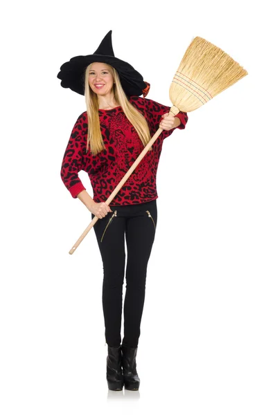 Funny witch with broom isolated on white — Stock Photo, Image