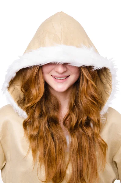 Eskimo meisje dragen van kleding van alle bont geïsoleerd op wit — Stockfoto