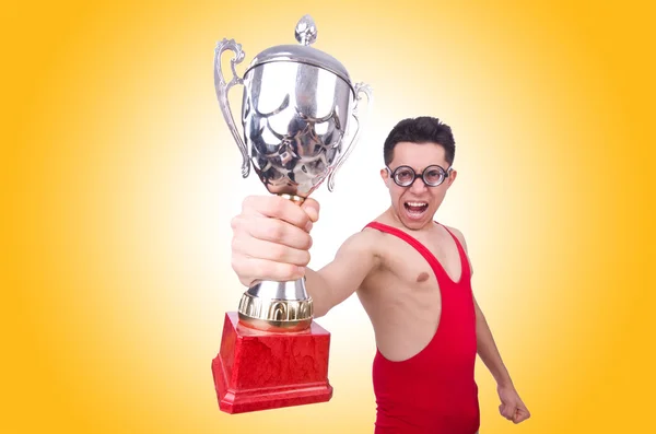 Funny wrestler with winners cup — Stock Photo, Image