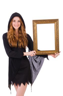 Sevimli cadı üzerinde beyaz izole kare resim ile