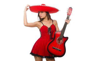 Kırmızı sombrero giyen kadın beyaz üzerine izole edilmiş.