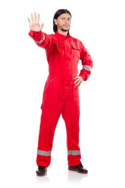 Sanayi işçisi beyaz arka planda izole edilmiş.