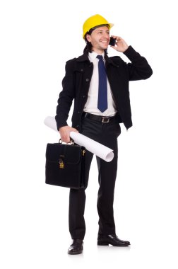 Genç inşaat mimarı beyazın üzerinde izole edilmiş.