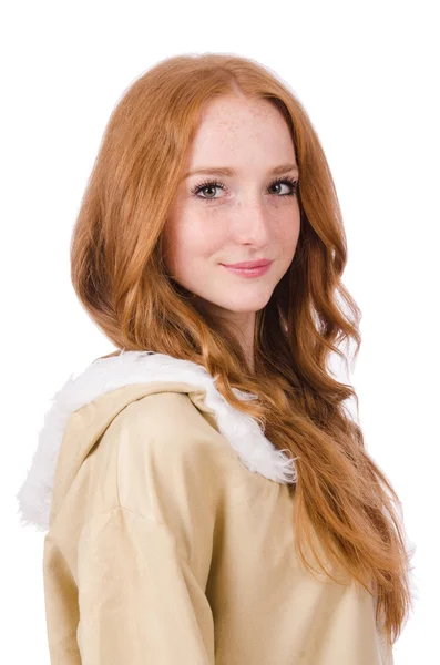 Eskimo meisje dragen van kleding van alle bont geïsoleerd op wit — Stockfoto