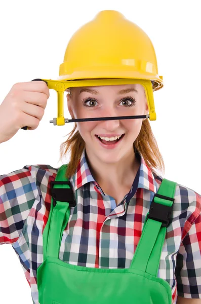 Female handyman in overalls isolated on white — Stock Photo, Image