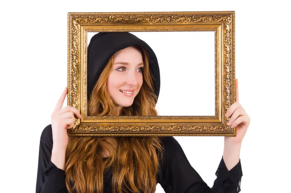 Cute witch with frame picture isolated on white — Stock Photo, Image