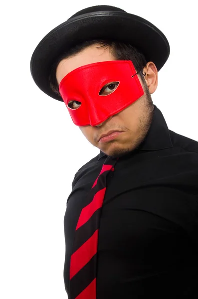 Young man with red mask isolated on white — Stock Photo, Image