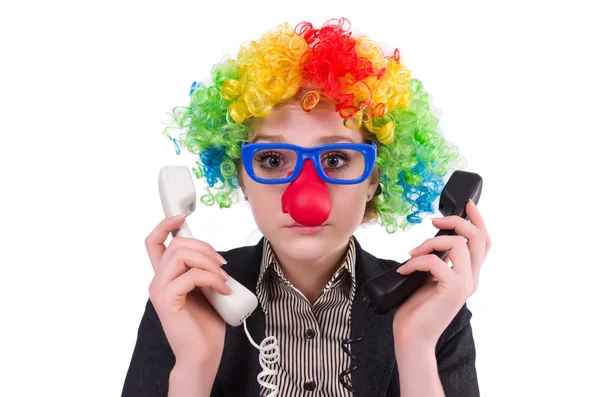 Geschäftsmann mit Clownsperücke isoliert auf Weiß — Stockfoto