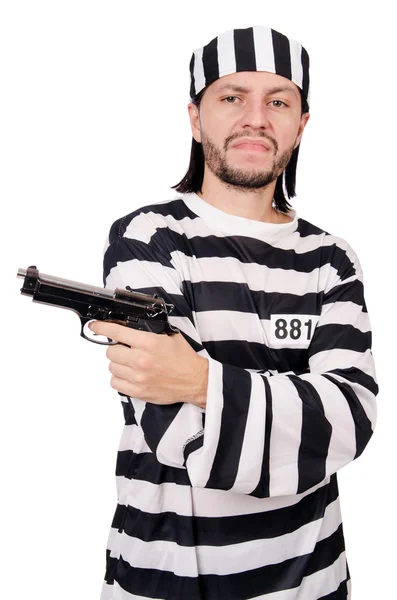 Prison inmate with gun isolated on white — Stock Photo, Image