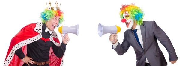 Бізнесмен клоун з гучномовцем на білому — стокове фото