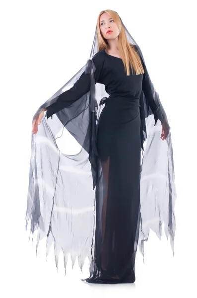 Jovem mulher em vestido preto isolado em branco — Fotografia de Stock