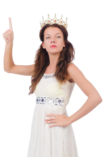 Fille en robe blanche et couronne isolée sur blanc — Photo