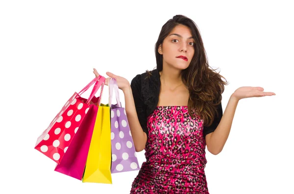 Donna con shopping bags isolata su bianco — Foto Stock