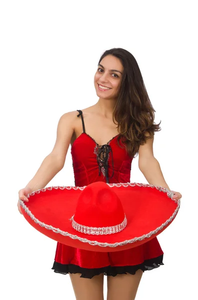 Vrouw draagt rode sombrero geïsoleerd op wit — Stockfoto