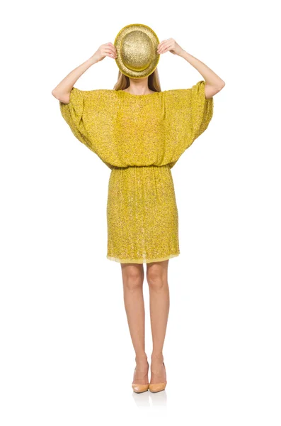 Pretty tall woman in yellow dress isolated on white — Stock Photo, Image