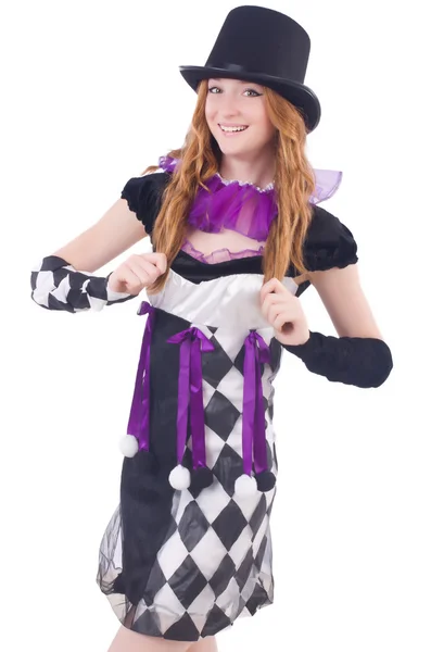 A girl in harlequin costume isolated on white — Stock Photo, Image