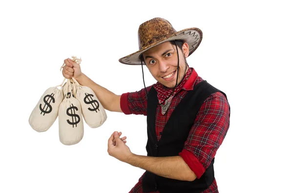 Mladý kovboj s pytle s penězi izolované na bílém — Stock fotografie