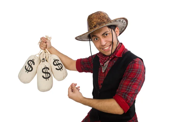 Giovane cowboy con sacchetti di denaro isolato su bianco — Foto Stock