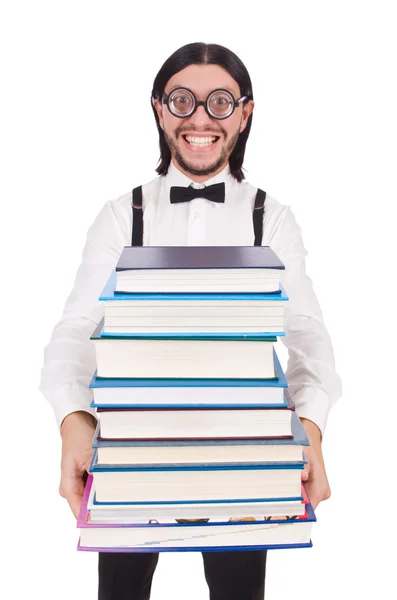 Estudante engraçado com livros isolados em branco — Fotografia de Stock
