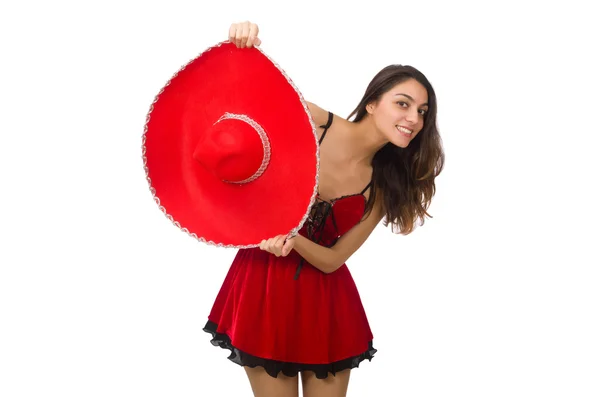 Kobieta w czerwonym sombrero na białym — Zdjęcie stockowe