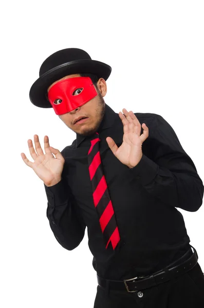 Jeune homme avec masque rouge isolé sur blanc — Photo