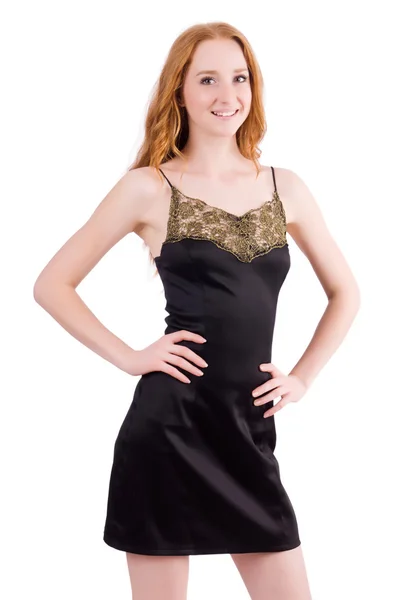 Dívka v elegantní černé mini šaty izolovaných na bílém — Stock fotografie