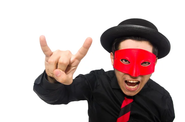 Hombre joven con máscara roja aislado en blanco —  Fotos de Stock