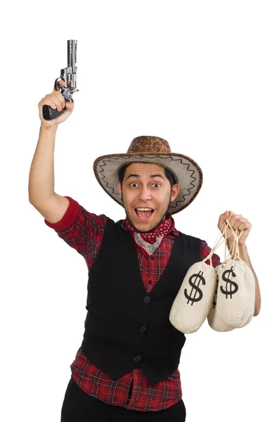 Jeune cow-boy avec pistolet et sacs d'argent isolés sur blanc — Photo