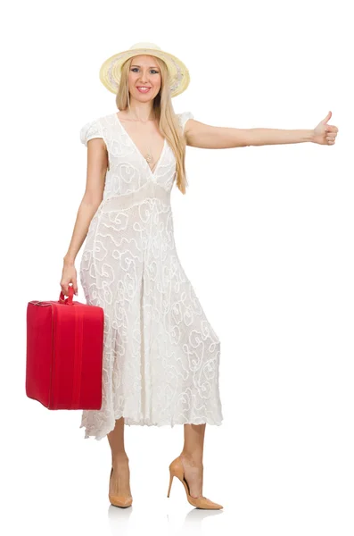 Mujer con maleta roja aislada en blanco —  Fotos de Stock