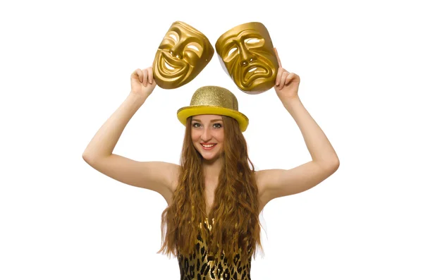 Девушка в золотой маске изолирована на белом — стоковое фото