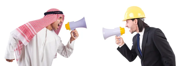 Man with helmet and loudspeaker on white — Stock Photo, Image