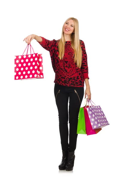 Jovem mulher depois de fazer compras isolado no branco — Fotografia de Stock