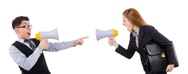 Woman and man with loudspeaker isolated on the white — Stock Photo, Image