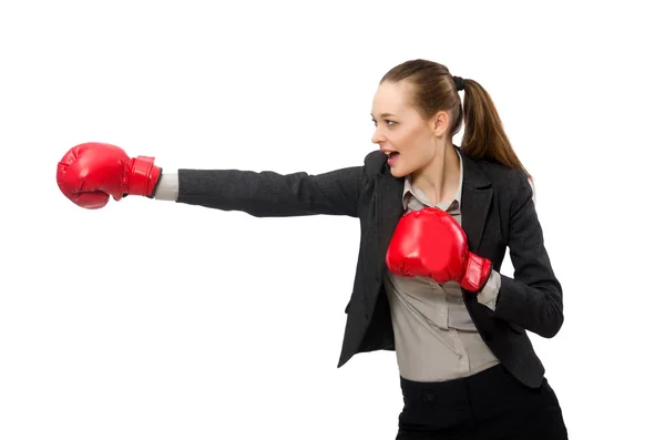 Empresária com luvas de boxe isolada em branco — Fotografia de Stock