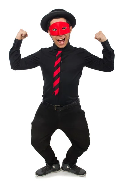 Hombre joven con máscara roja aislado en blanco — Foto de Stock