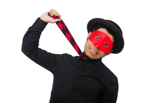 Jeune homme avec masque rouge isolé sur blanc — Photo